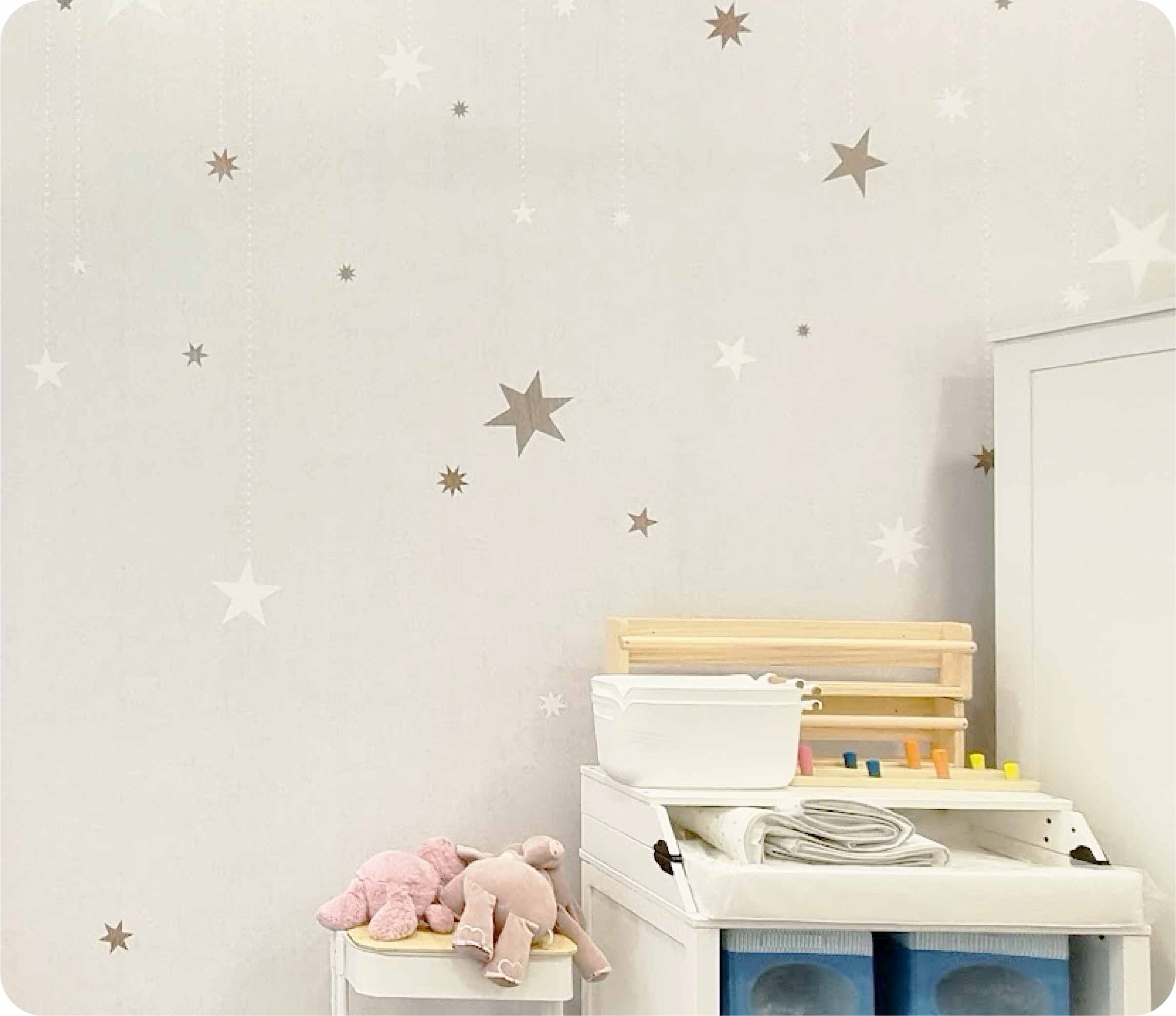 the side of a kids room with Rebel Walls Stargazing Wallpaper 